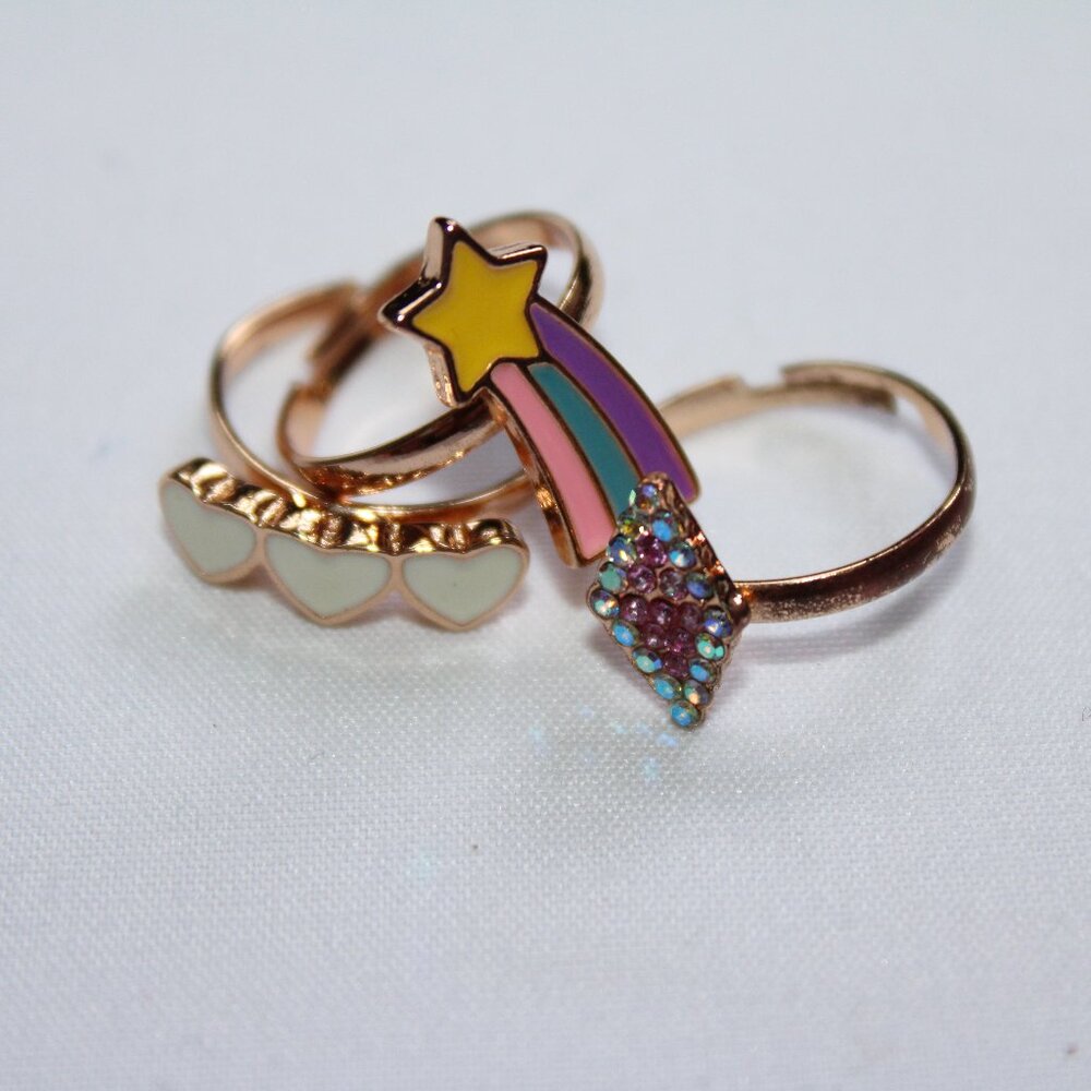 Set of 3 Girl's Costume Jewelry Rings Faux Gold Shooting Star Hearts Diamond